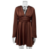 Bell Sleeve Solid Long Sleeve Sexy V-Neck Slim Waist Mini Party Dress