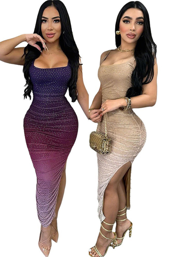 Women's Summer Sexy Low Back Beaded Bodycon Slit Dress
