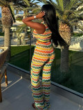 Summer Colorful Striped Sleeveless Knitting Two Piece Pants Set