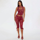Lace Hollow Out Tie Front Vest High Waist Shorts Sexy Summer Two Piece Set