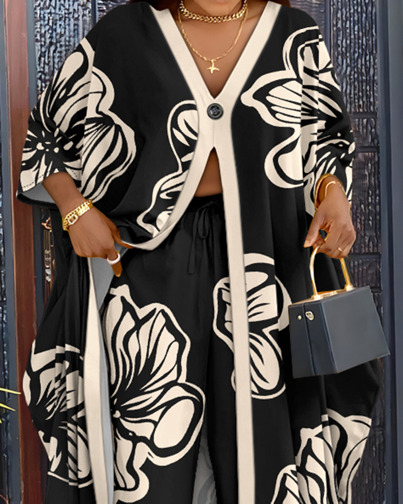 Women's Fashion Printed V-Neck Loose Long Sleeve Blouse Wide-Leg Pants Set