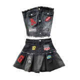 Women Stretchy Embroidered Strapless Top and Pleated Skirt Two-Piece Set