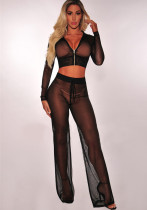 Summer Sexy Long Sleeve See-Through Mesh Hooded Zip-Up Top & Straight Pants Two-Piece Set Summer Sexy Long Sleeve See-Through Mesh Hooded Zip-Up Top & Straight Pants Two-Piece Set