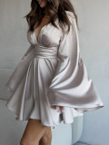 Bell Sleeve Solid Long Sleeve Sexy V-Neck Slim Waist Mini Party Dress