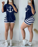 Women's Letter Print Short Sleeve Loose T-Shirt + Stripes Tight-Fitting Shorts Two-Piece Set