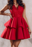 Sleeveless V-Neck Lace Patchwork Slim Waist Puffy Dress