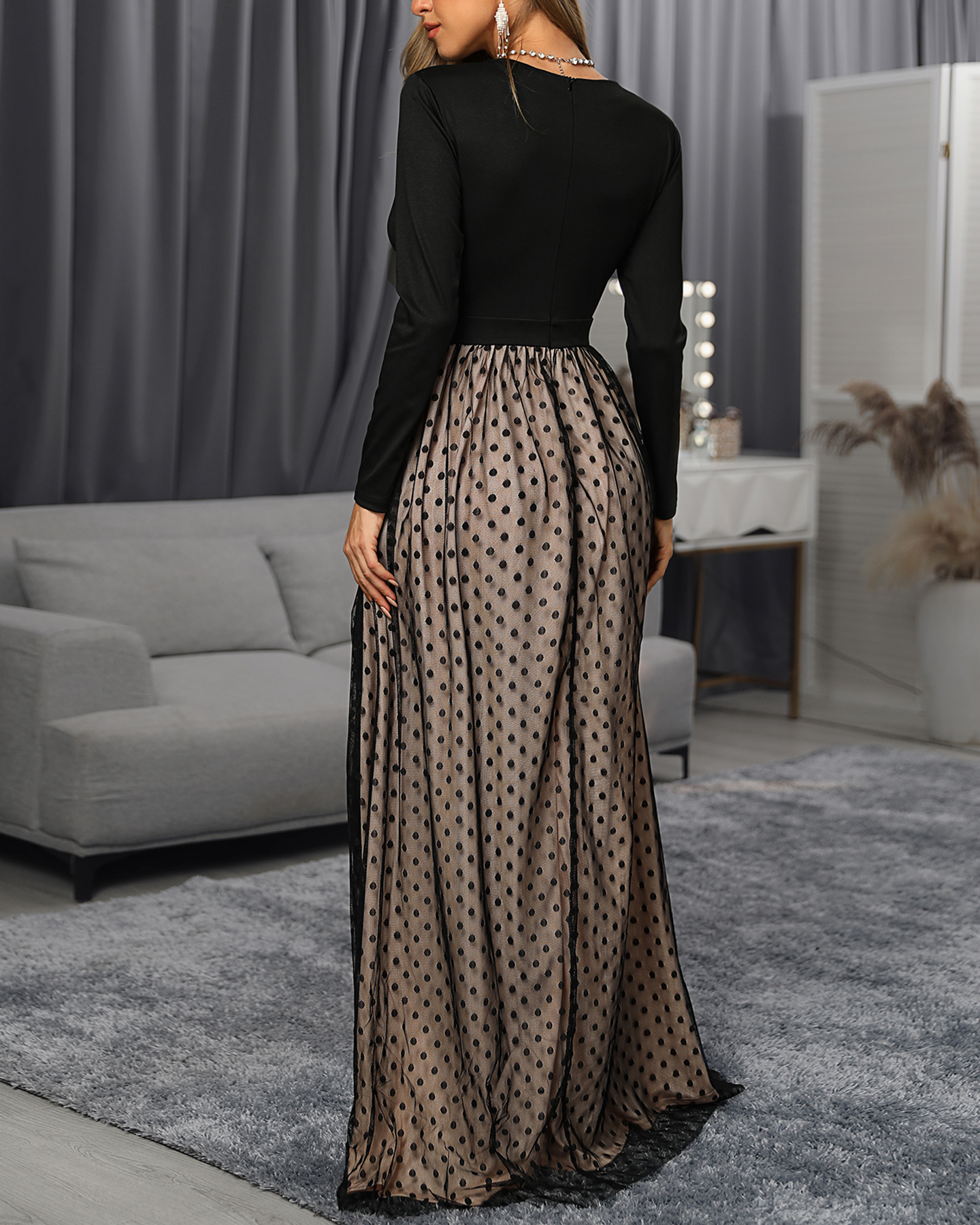 Fashion Women's Long Sleeve Deep V-Neck Bodycon Dress