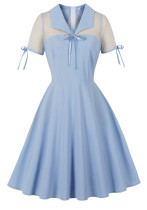 Women's Slim Waist Turndown Collar Bow Short Sleeve Chic Elegant A-Line Dress