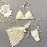 Three-Piece Sexy Triangle Lace-Up Floral Bikini Set