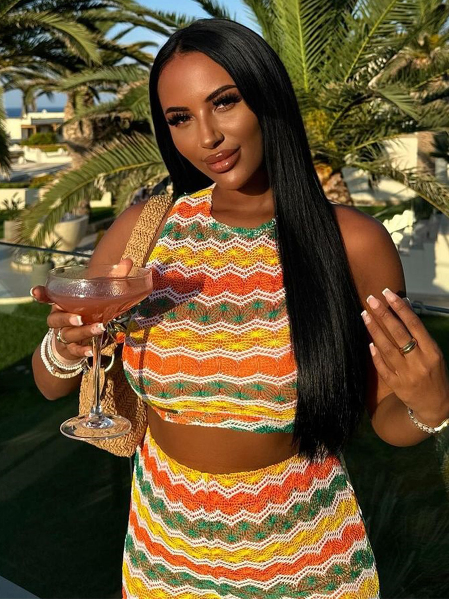 Summer Colorful Striped Sleeveless Knitting Two Piece Pants Set