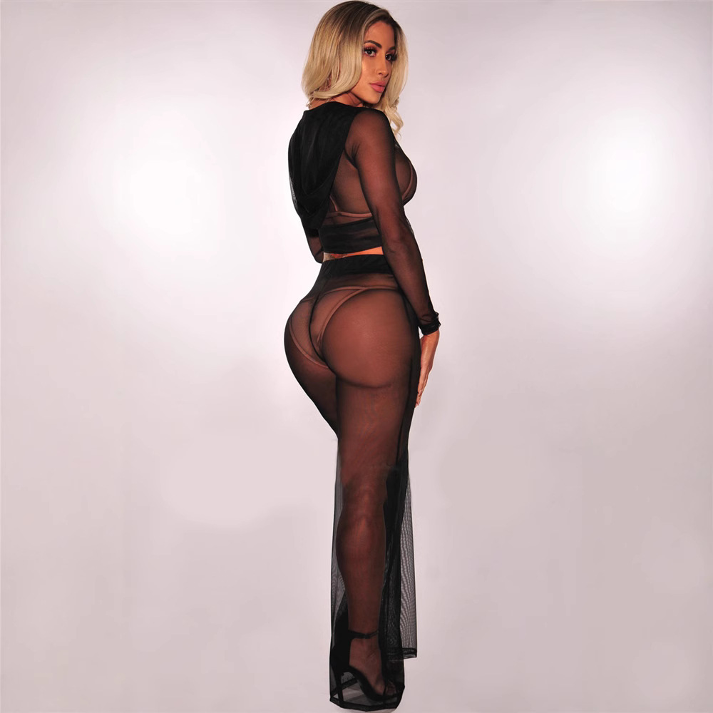 Summer Sexy Long Sleeve See-Through Mesh Hooded Zip-Up Top & Straight Pants Two-Piece Set
