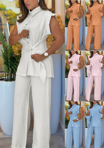 Women's Fashion Sleeveless Lace-Up Shirt Wide-Leg Pants Set