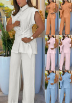 Women's Fashion Sleeveless Lace-Up Shirt Wide-Leg Pants Set Women's Fashion Sleeveless Lace-Up Shirt Wide-Leg Pants Set