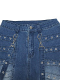 Women's Fashion High Waist Denim Pants Metal Studs Casual Trousers