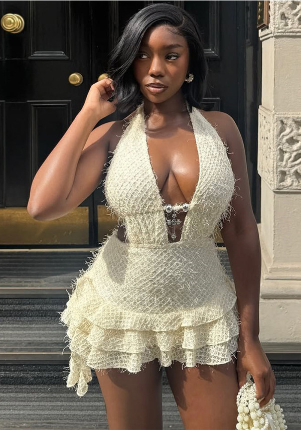Women's V-Neck Cut-Out Tie-Up Lace-Up Low Back Fuzzy Mini Puffy Dress