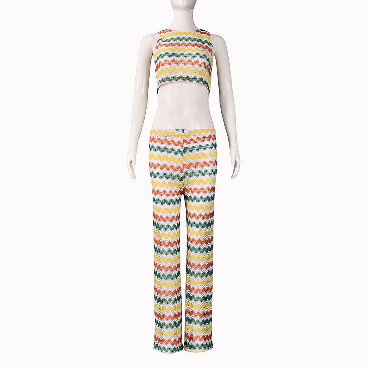 Summer Colorful Striped Sleeveless Knitting Two Piece Pants Set