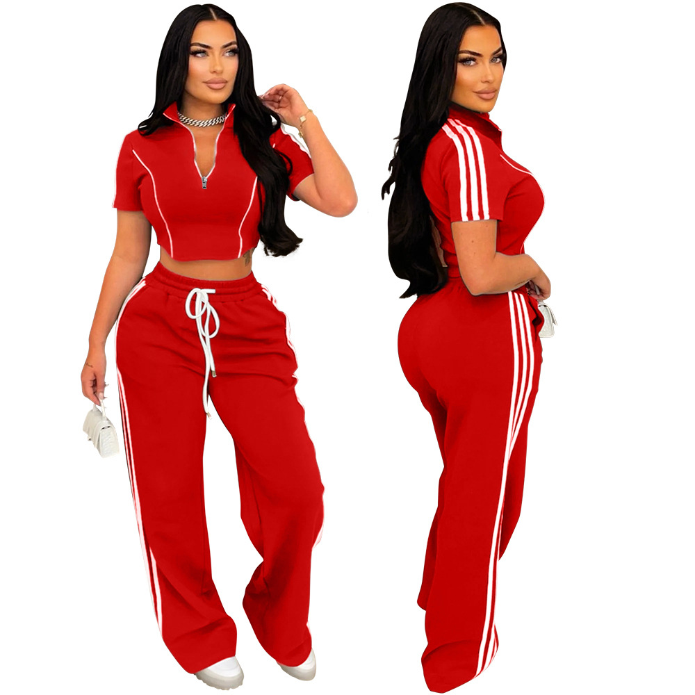 Fashion Women Zipper Short Sleeve Short Top Loose Pants Casual Two-Piece Set
