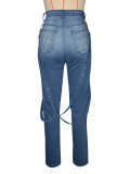 Women's Fashion High Waist Denim Pants Metal Studs Casual Trousers