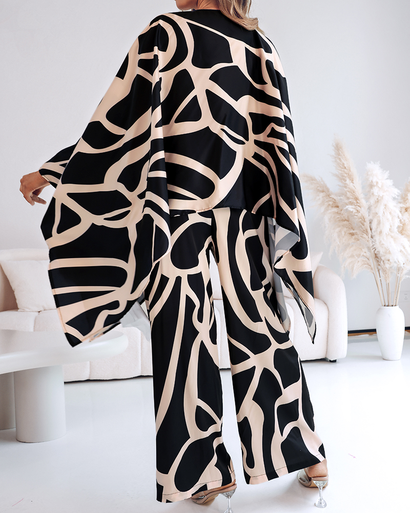 Women's Asymmetric Print Loose Bat Sleeves Pullover Top Wide-Leg Pants Set