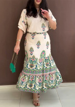 Women's Print Short Sleeve Top Maxi Ruffle Skirt Set Women's Print Short Sleeve Top Maxi Ruffle Skirt Set