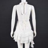 Women's V-Neck Cut-Out Tie-Up Lace-Up Low Back Fuzzy Mini Puffy Dress