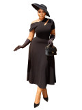 Summer Fashion Women's Slash Shoulder Cut-Out Solid Slim Waist Long Dress