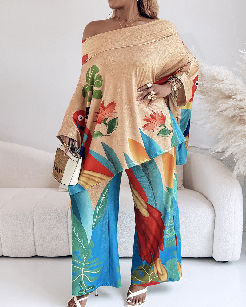 Women's Fashion Animal & Floral Print Bat Sleeves Loose Top Wide-Leg Pants Set