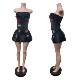 Women Stretchy Embroidered Strapless Top and Pleated Skirt Two-Piece Set
