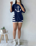 Women's Letter Print Short Sleeve Loose T-Shirt + Stripes Tight-Fitting Shorts Two-Piece Set