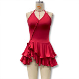 Summer Halter Neck Single-Button Ruffled Mini Dress