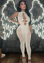 Spring & Summer Women's Fashion Sexy Jacquard Mesh Cut-Out High Stretch Tight Fitting Solid Jumpsuit