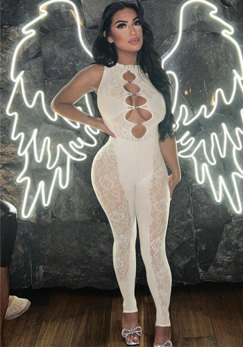 Spring & Summer Women's Fashion Sexy Jacquard Mesh Cut-Out High Stretch Tight Fitting Solid Jumpsuit