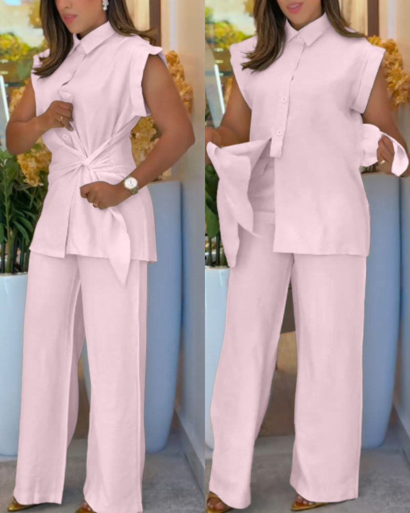 Women's Fashion Sleeveless Lace-Up Shirt Wide-Leg Pants Set