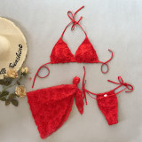 Three-Piece Sexy Triangle Lace-Up Floral Bikini Set