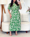 Women's Print Short Sleeve Top Maxi Ruffle Maxi Skirt Set