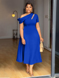 Summer Fashion Women's Slash Shoulder Cut-Out Solid Slim Waist Long Dress