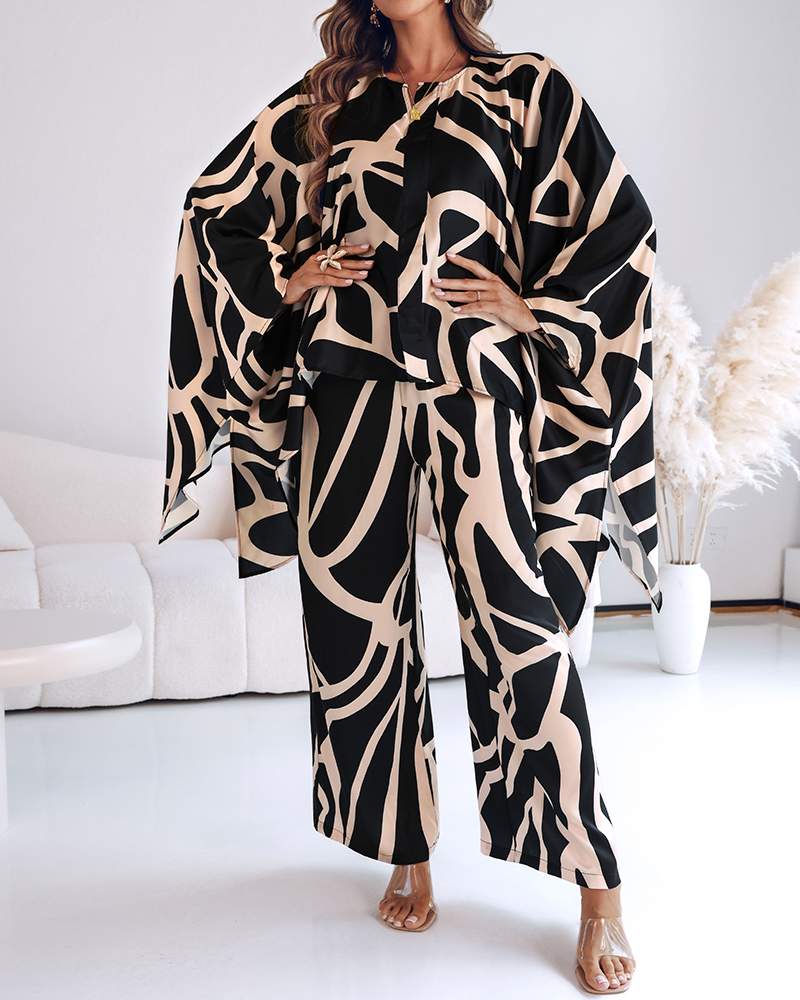 Women's Asymmetric Print Loose Bat Sleeves Pullover Top Wide-Leg Pants Set