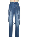 Women's Fashion High Waist Denim Pants Metal Studs Casual Trousers