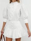 Summer White Lantern Sleeve Shirt & Skirt Two-Piece Casual Office Set