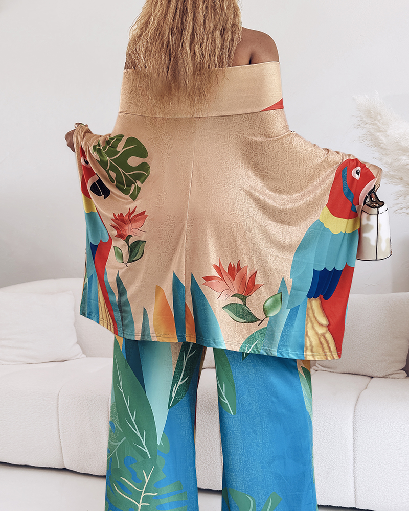 Women's Fashion Animal & Floral Print Bat Sleeves Loose Top Wide-Leg Pants Set