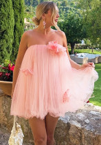 Summer Women's Mesh Puffy Dress Floral Strapless Dress Summer Women's Mesh Puffy Dress Floral Strapless Dress