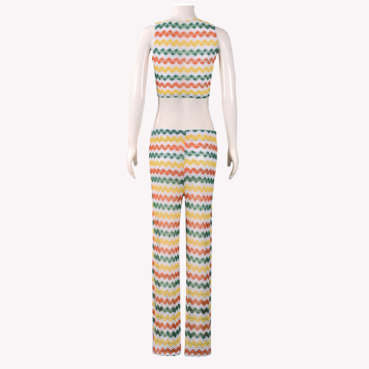 Summer Colorful Striped Sleeveless Knitting Two Piece Pants Set