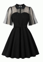 Women's Slim Waist Turndown Collar Short Sleeve High Waist Chic A-ine Dress