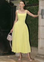 Summer Elegant Chic High Waist Solid Square Neck Strap A-line Dress Summer Elegant Chic High Waist Solid Square Neck Strap A-line Dress