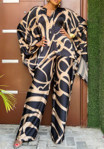 Women's Asymmetric Print Loose Bat Sleeves Pullover Top Wide-Leg Pants Set Women's Asymmetric Print Loose Bat Sleeves Pullover Top Wide-Leg Pants Set