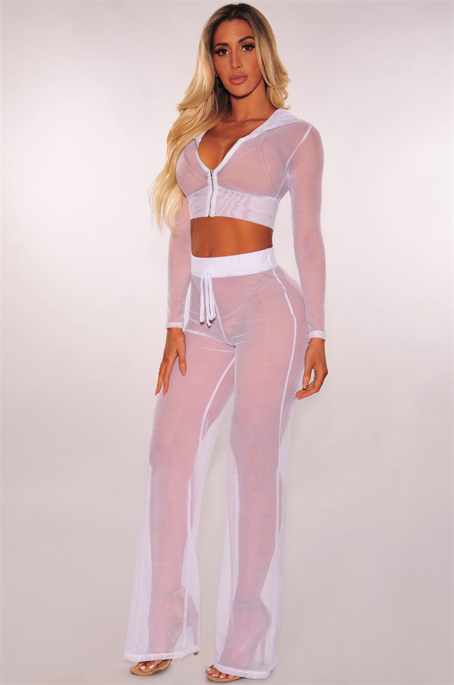 Summer Sexy Long Sleeve See-Through Mesh Hooded Zip-Up Top & Straight Pants Two-Piece Set