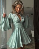 Bell Sleeve Solid Long Sleeve Sexy V-Neck Slim Waist Mini Party Dress