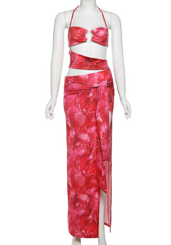 Women Spring Sexy Print Halter Neck Cutout Lace-Up Backless Dress