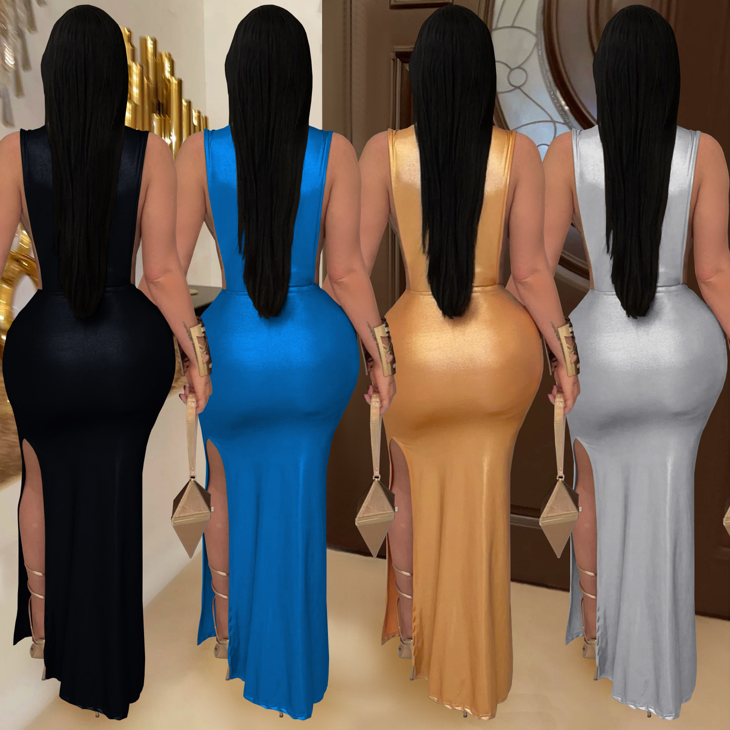 Women Sexy Elegant High-Neck Slit Dress