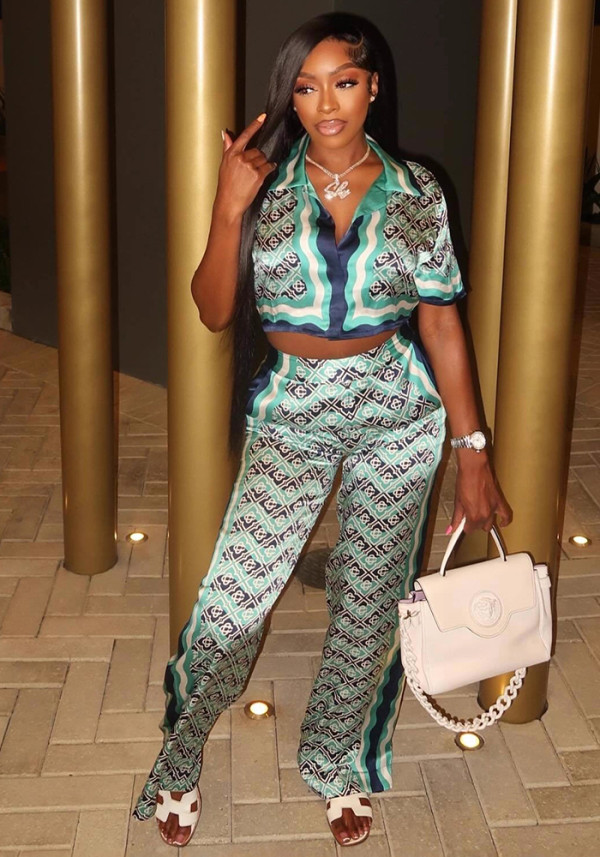 Women Trendy Casual Print Top and Pants Two-Piece Set